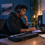Music producer using a MIDI pad to create a beat in a home studio