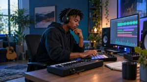 Music producer using a MIDI pad to create a beat in a home studio