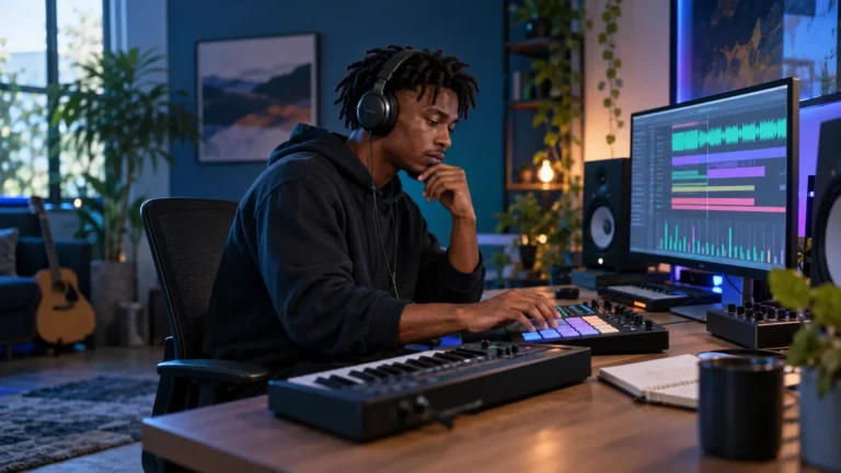 Music producer using a MIDI pad to create a beat in a home studio
