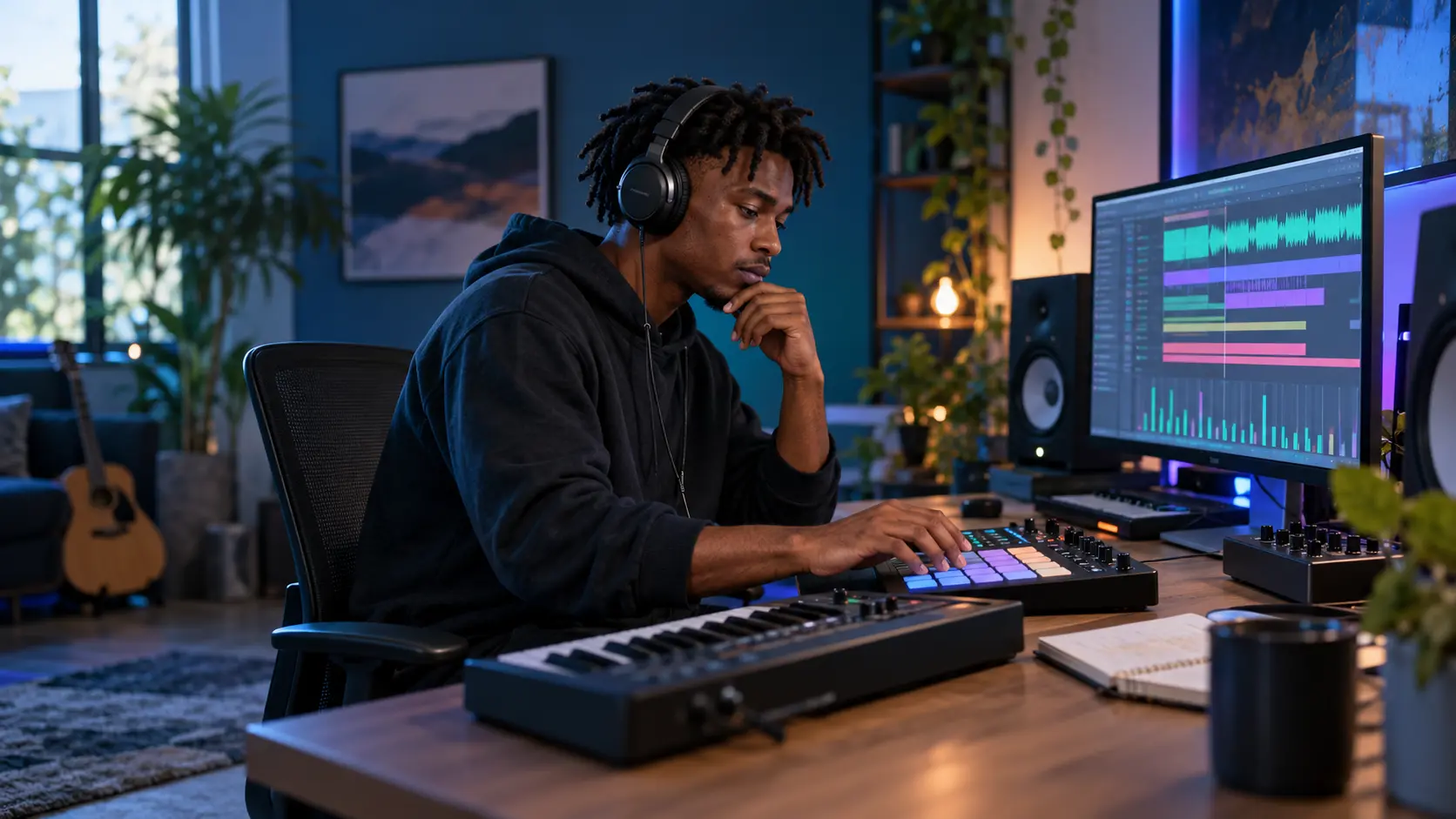 Music producer using a MIDI pad to create a beat in a home studio