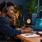 Independent musician preparing a song for digital distribution from a home studio
