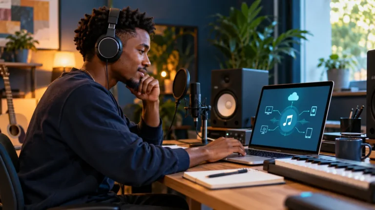 Independent musician preparing a song for digital distribution from a home studio