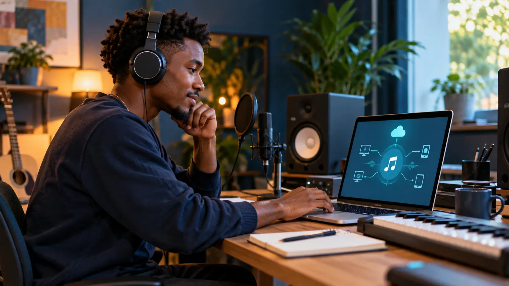 Independent musician preparing a song for digital distribution from a home studio